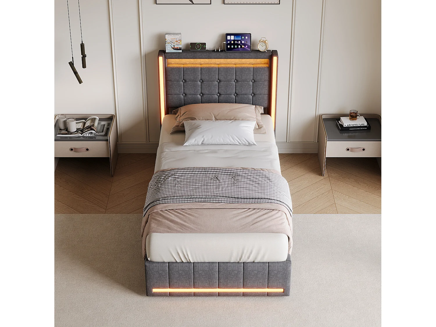 Cama Cofre 90x200 com LED RGB e USB Tipo C, Cabeça de Cama Capitonada, Cama 1 lugar com Sommier à Lattes en Bois, Linho de tecido, Cinza