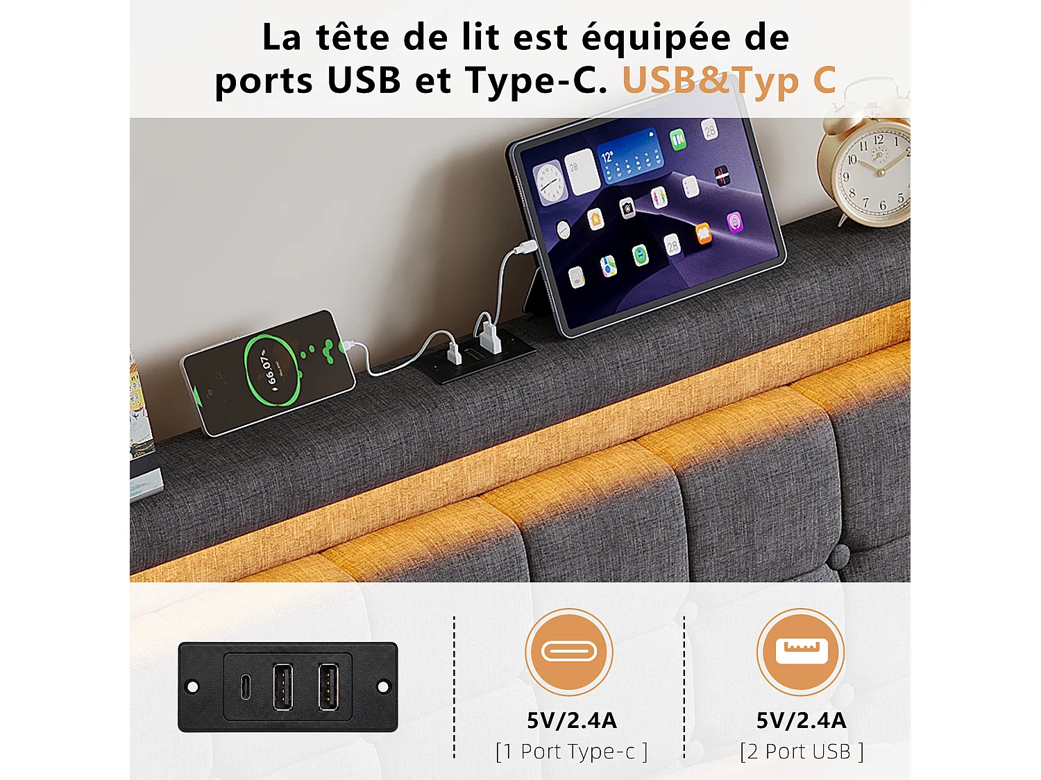 Cama Cofre 90x200 com LED RGB e USB Tipo C, Cabeça de Cama Capitonada, Cama 1 lugar com Sommier à Lattes en Bois, Linho de tecido, Cinza