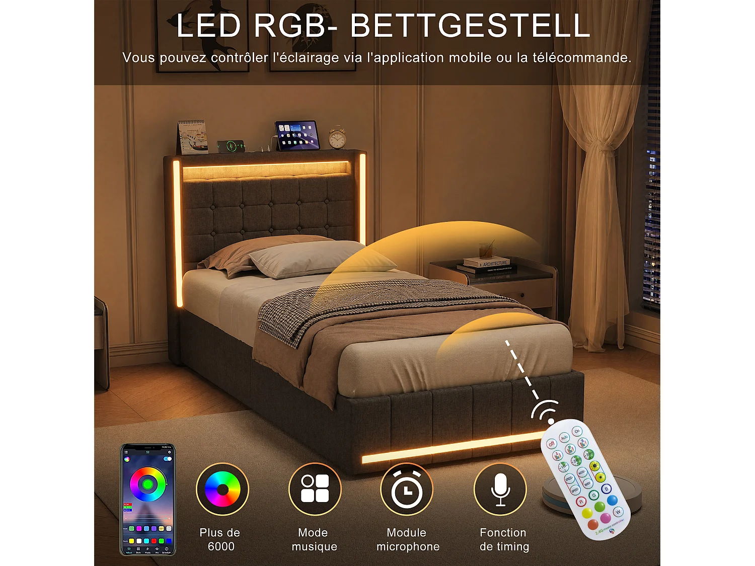 Cama Cofre 90x200 com LED RGB e USB Tipo C, Cabeça de Cama Capitonada, Cama 1 lugar com Sommier à Lattes en Bois, Linho de tecido, Cinza