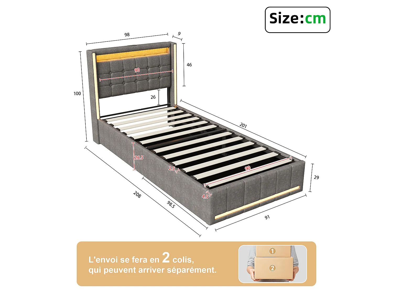 Cama Cofre 90x200 com LED RGB e USB Tipo C, Cabeça de Cama Capitonada, Cama 1 lugar com Sommier à Lattes en Bois, Linho de tecido, Cinza