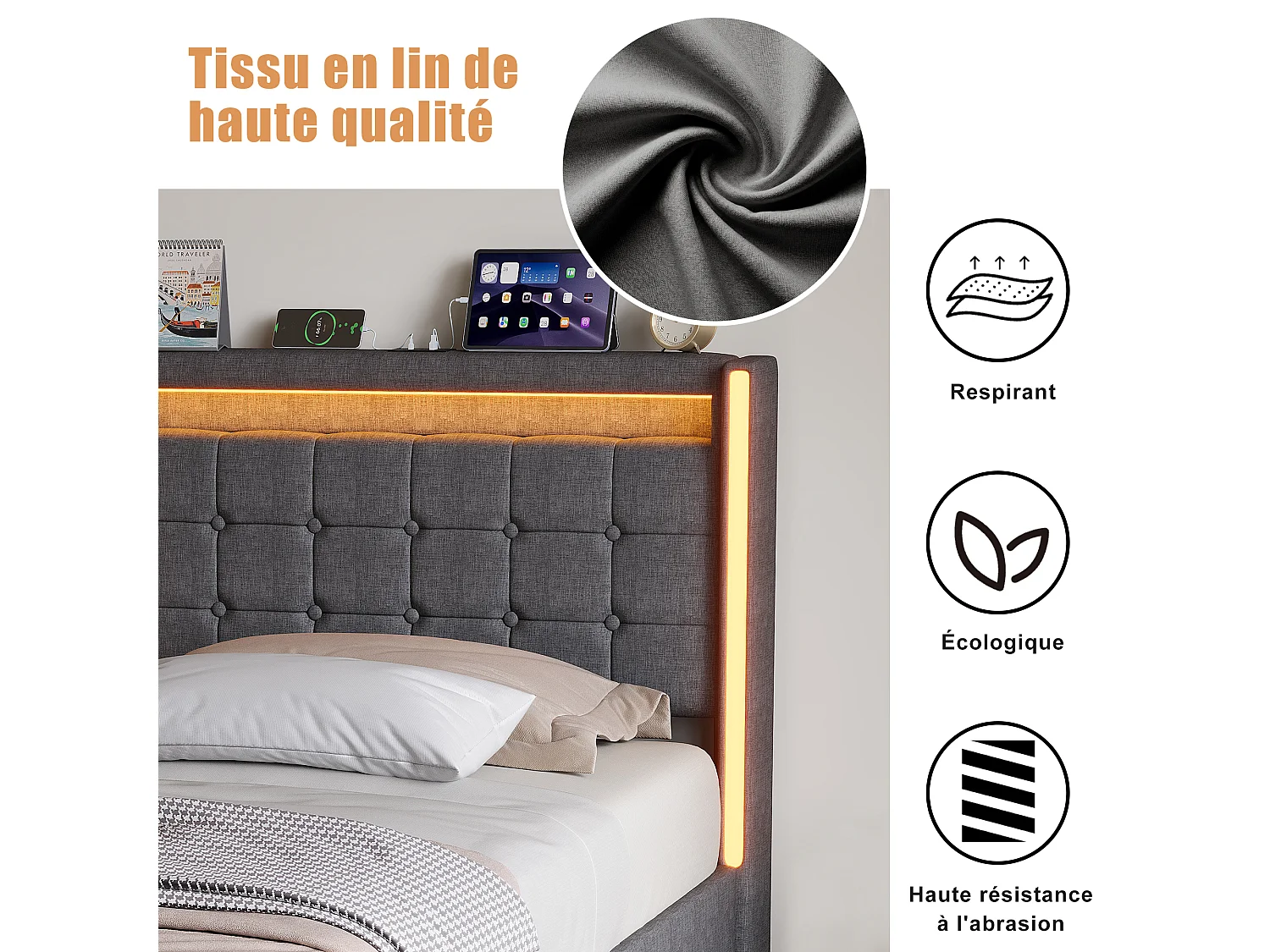 Cama Cofre 90x200 com LED RGB e USB Tipo C, Cabeça de Cama Capitonada, Cama 1 lugar com Sommier à Lattes en Bois, Linho de tecido, Cinza