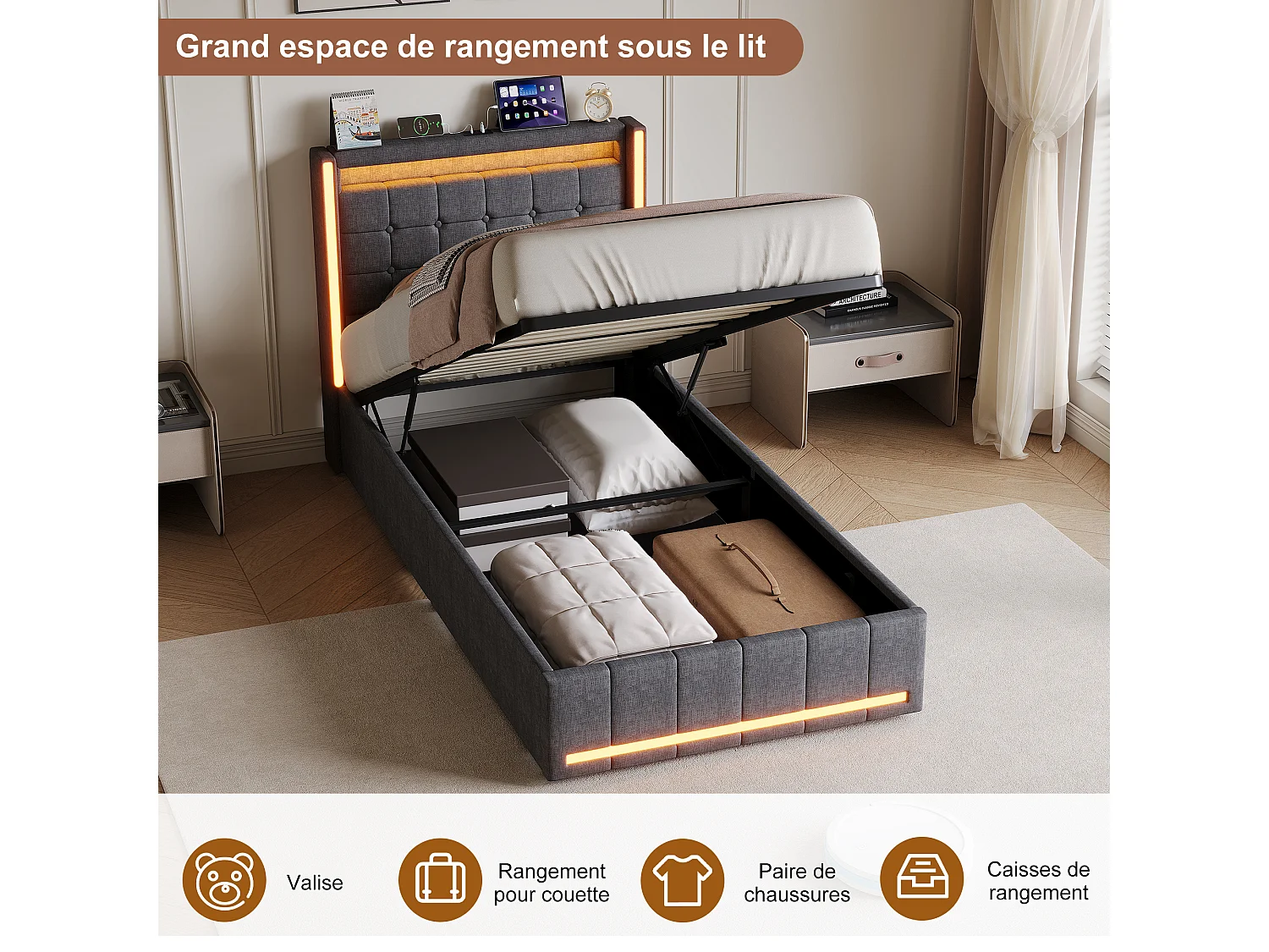 Cama Cofre 90x200 com LED RGB e USB Tipo C, Cabeça de Cama Capitonada, Cama 1 lugar com Sommier à Lattes en Bois, Linho de tecido, Cinza