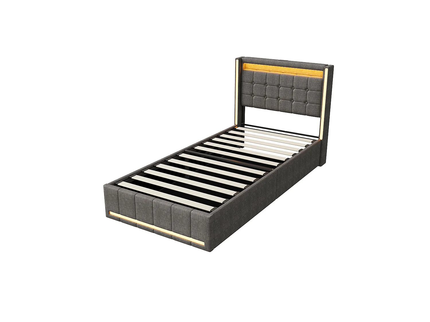 Cama Cofre 90x200 com LED RGB e USB Tipo C, Cabeça de Cama Capitonada, Cama 1 lugar com Sommier à Lattes en Bois, Linho de tecido, Cinza