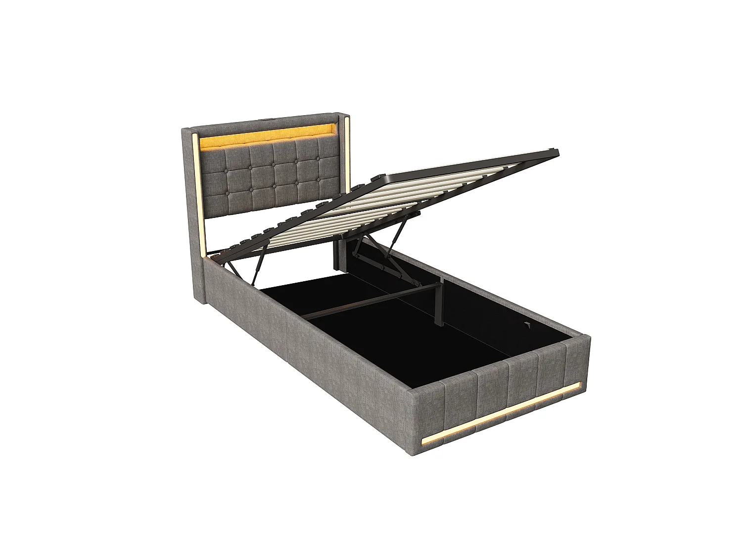 Cama Cofre 90x200 com LED RGB e USB Tipo C, Cabeça de Cama Capitonada, Cama 1 lugar com Sommier à Lattes en Bois, Linho de tecido, Cinza