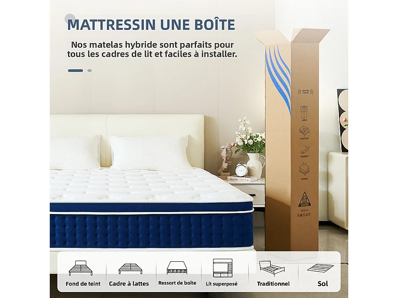 Matelas 90×200 cm - Épaisseur 30 cm avec couche de mousse mémoire Ressorts ensachés orthopédiques 7 zones - Fermeté H3 -  Essai de 101 nuits