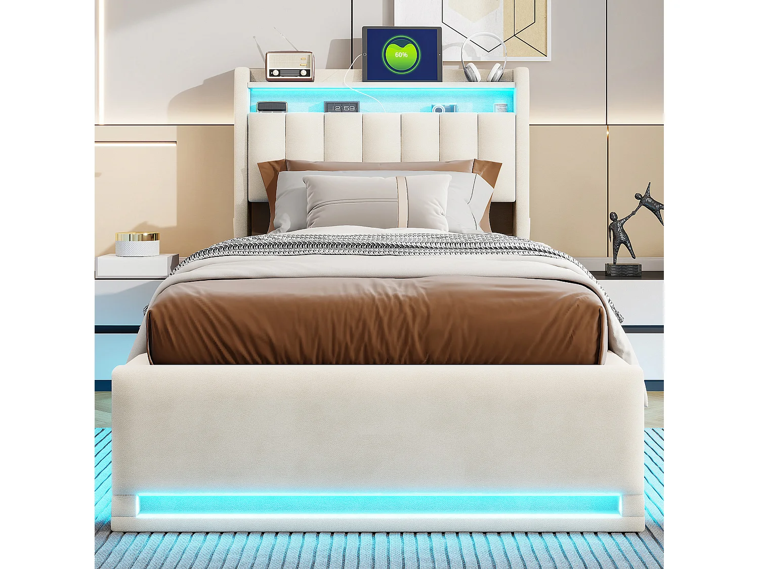 Caixa de cama 90x200 com LED e recarrega USB/Tipo-C,Cabeça de cama,Quadro de cama flutuante,Capacidade 500 kg,Veluros bege