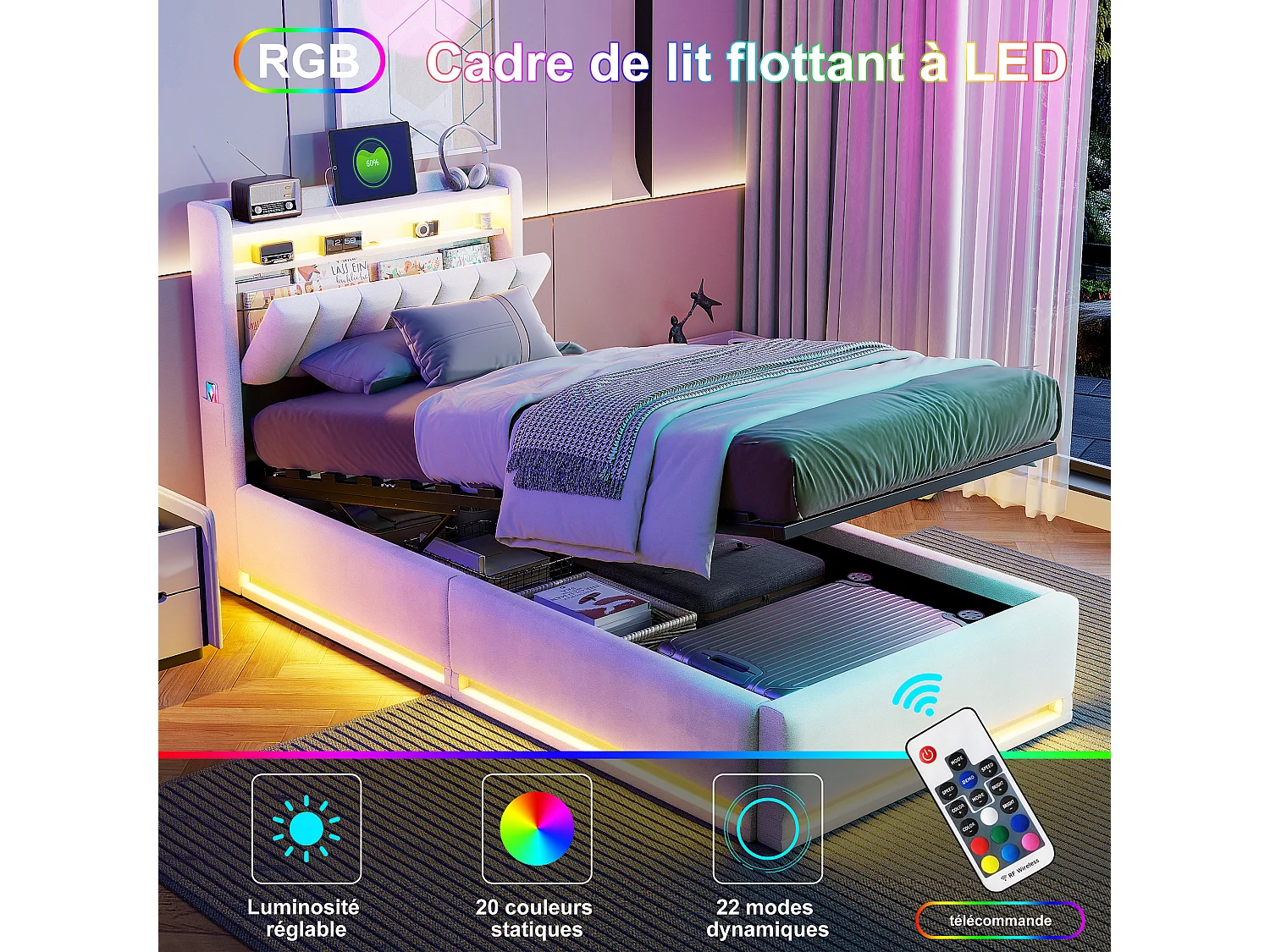 Caixa de cama 90x200 com LED e recarrega USB/Tipo-C,Cabeça de cama,Quadro de cama flutuante,Capacidade 500 kg,Veluros bege