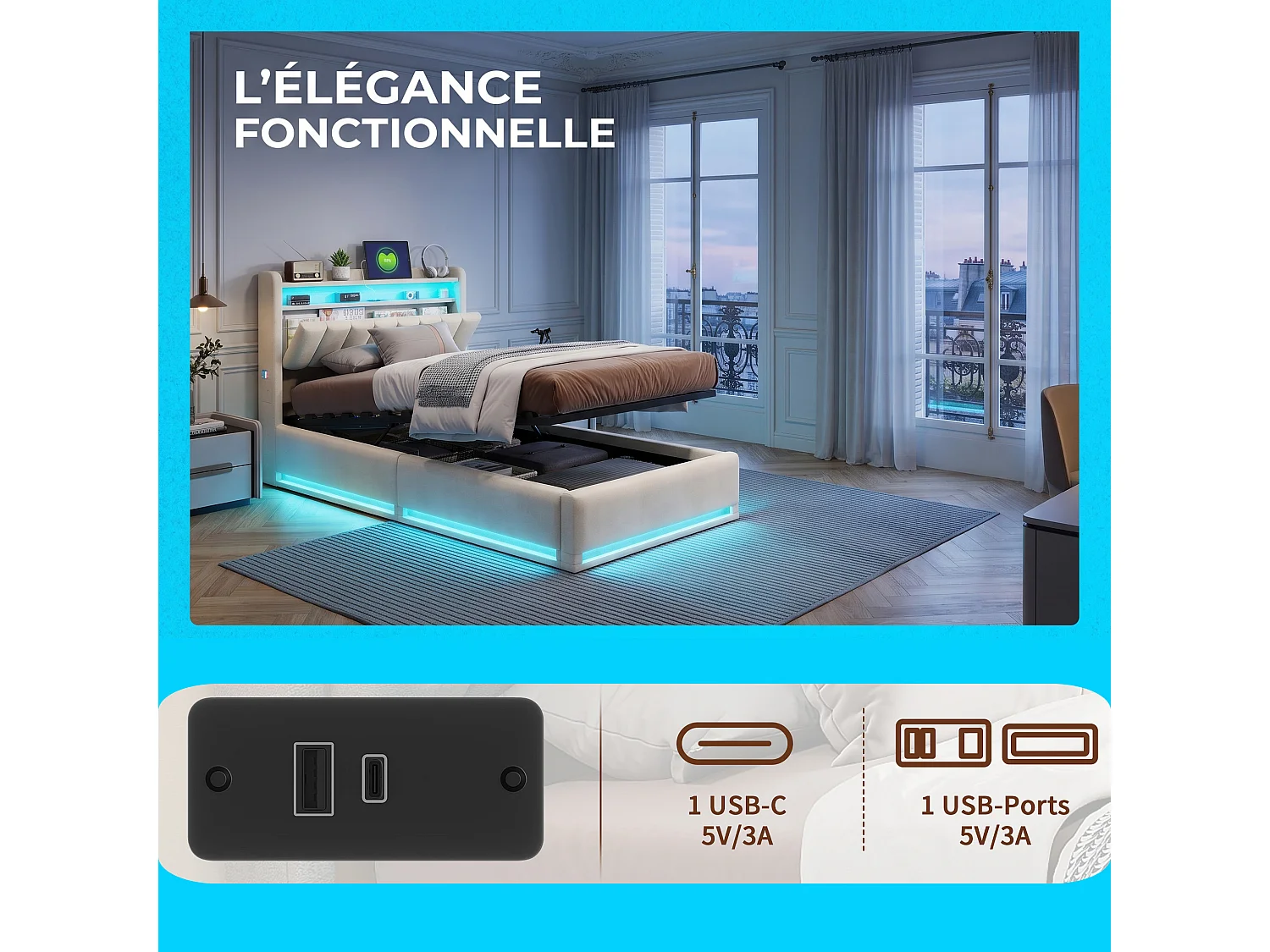 Caixa de cama 90x200 com LED e recarrega USB/Tipo-C,Cabeça de cama,Quadro de cama flutuante,Capacidade 500 kg,Veluros bege