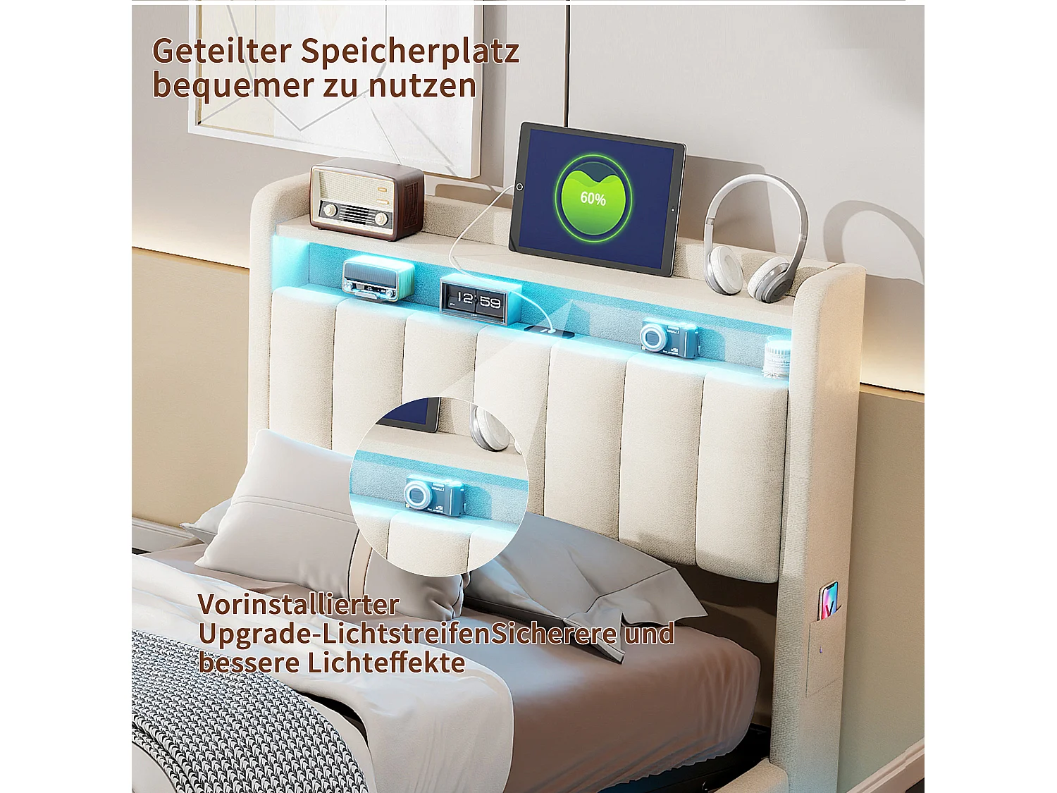 Caixa de cama 90x200 com LED e recarrega USB/Tipo-C,Cabeça de cama,Quadro de cama flutuante,Capacidade 500 kg,Veluros bege