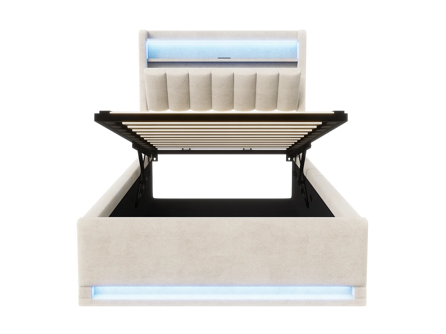 Caixa de cama 90x200 com LED e recarrega USB/Tipo-C,Cabeça de cama,Quadro de cama flutuante,Capacidade 500 kg,Veluros bege