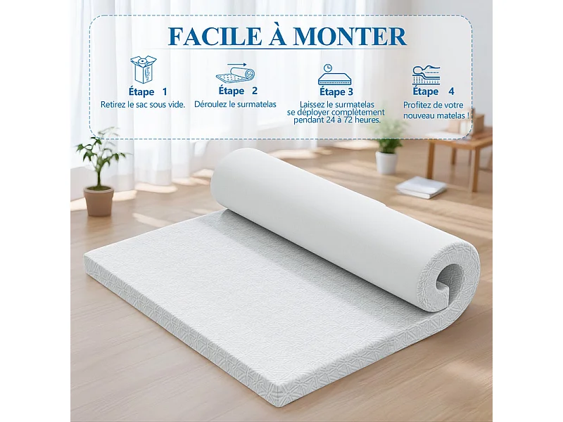 Surmatelas 180 x 200 cm, 10cm - surmatelas en gel avec housse amovible et lavable, surmatelas en mousse de gel pour sommier et canapé-lit, certifié CertiPUR-US