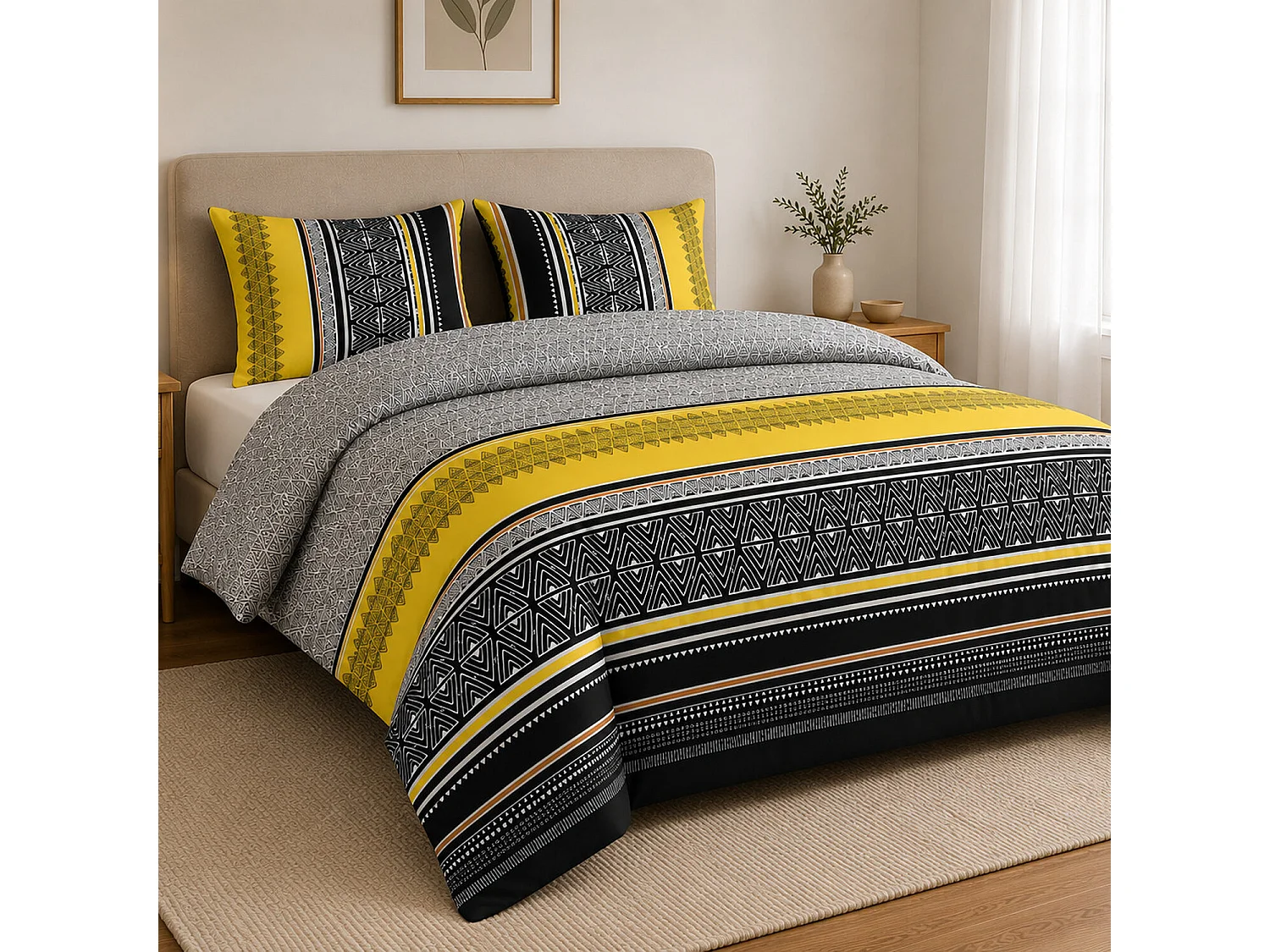 Parure Housse De Couette Formas Yellow 100% Coton Imprimée