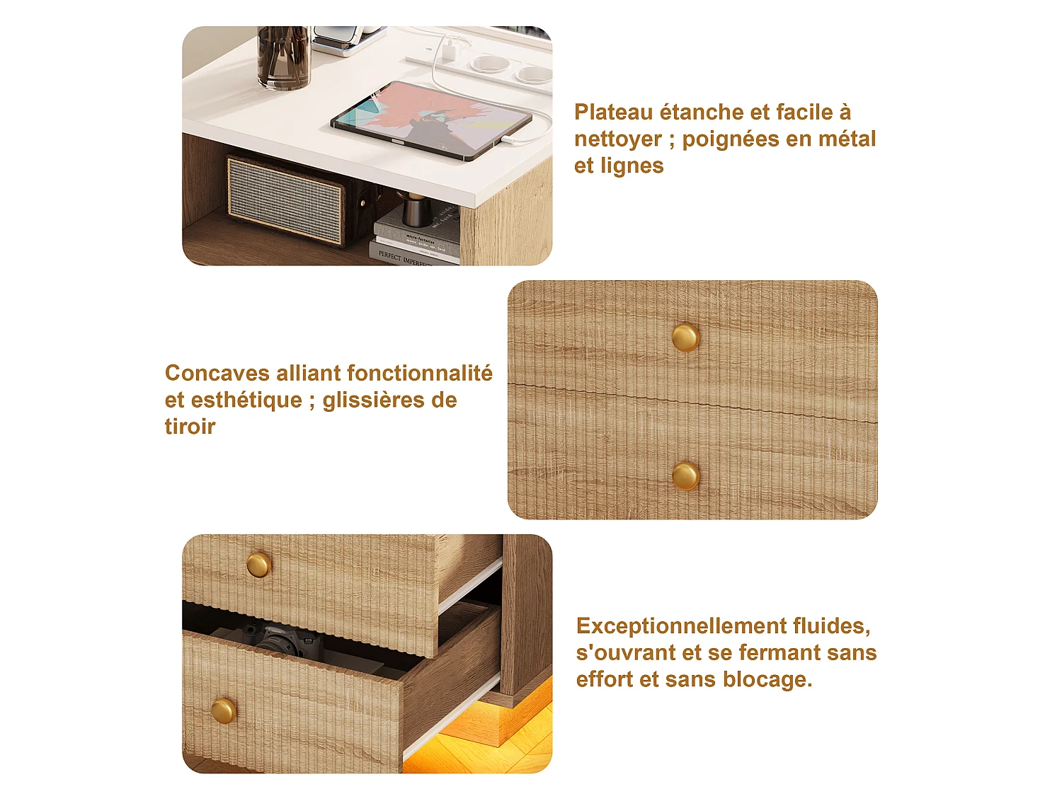 table de chevet lot 2  avec Station de Charge USB - 7 Modes Lumière  LED - Plateau Étanche - 2 Tiroir Fluide - bois massif