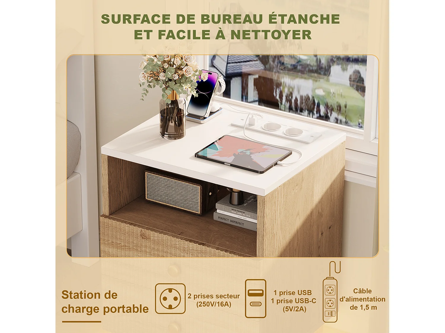 table de chevet lot 2  avec Station de Charge USB - 7 Modes Lumière  LED - Plateau Étanche - 2 Tiroir Fluide - bois massif