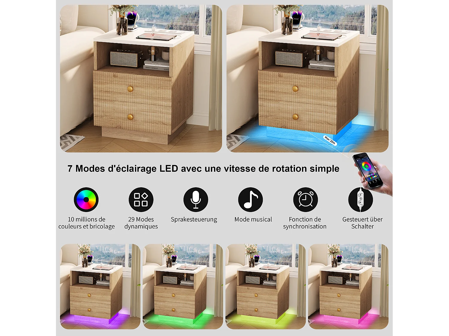 table de chevet lot 2  avec Station de Charge USB - 7 Modes Lumière  LED - Plateau Étanche - 2 Tiroir Fluide - bois massif