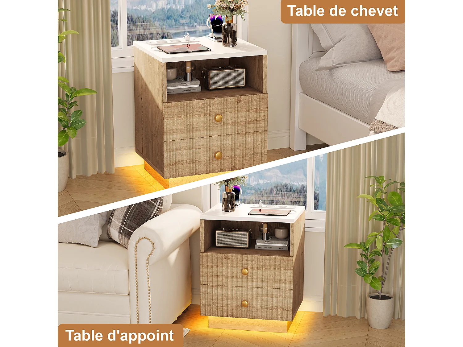 table de chevet lot 2  avec Station de Charge USB - 7 Modes Lumière  LED - Plateau Étanche - 2 Tiroir Fluide - bois massif