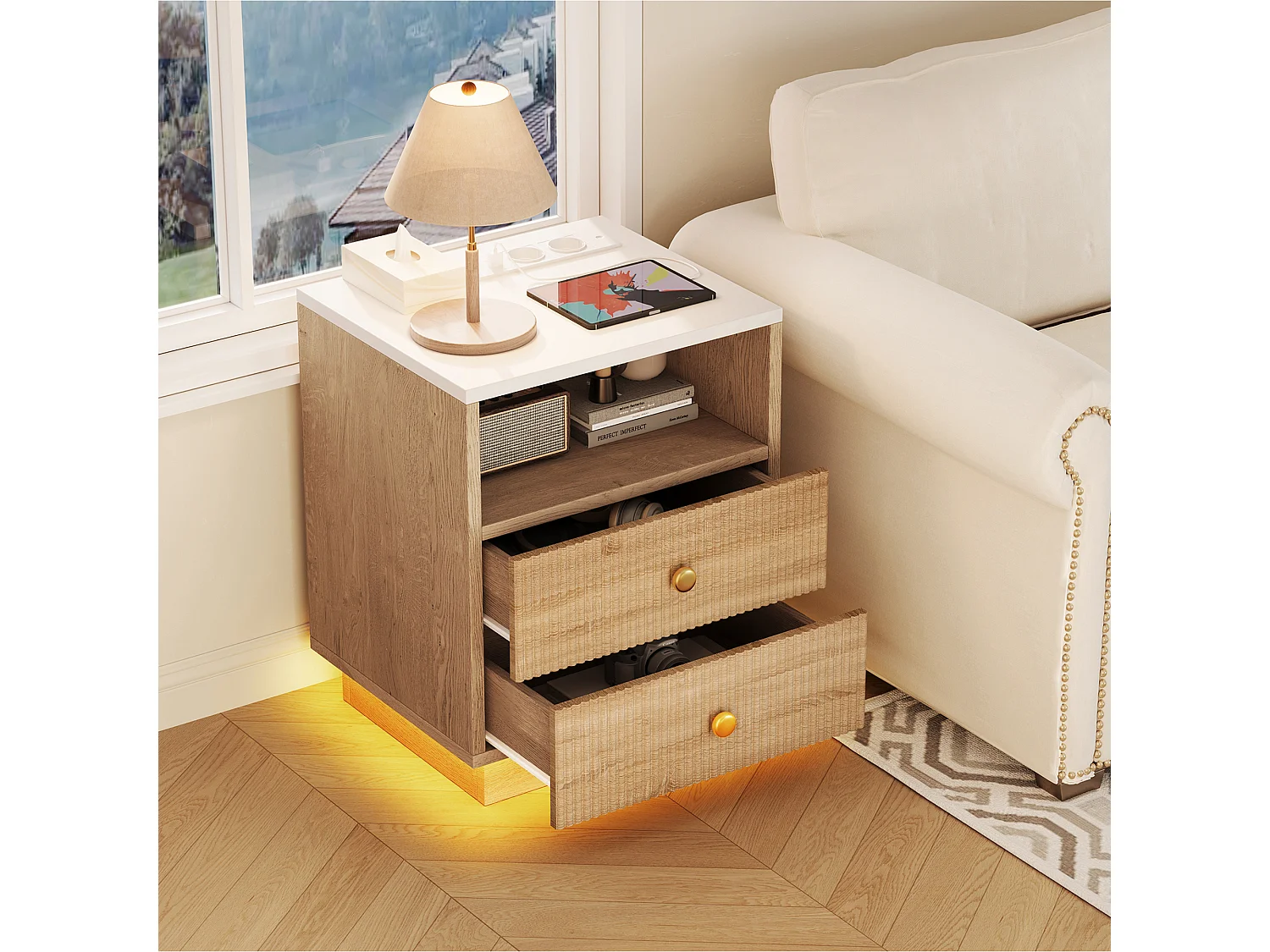 table de chevet lot 2  avec Station de Charge USB - 7 Modes Lumière  LED - Plateau Étanche - 2 Tiroir Fluide - bois massif