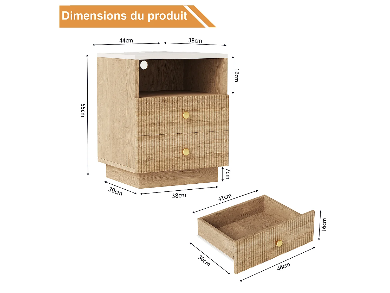 table de chevet lot 2  avec Station de Charge USB - 7 Modes Lumière  LED - Plateau Étanche - 2 Tiroir Fluide - bois massif