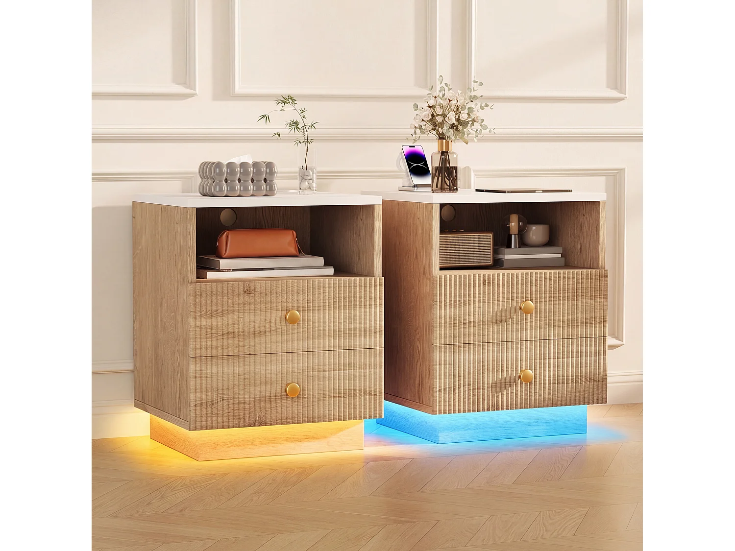 table de chevet lot 2  avec Station de Charge USB - 7 Modes Lumière  LED - Plateau Étanche - 2 Tiroir Fluide - bois massif