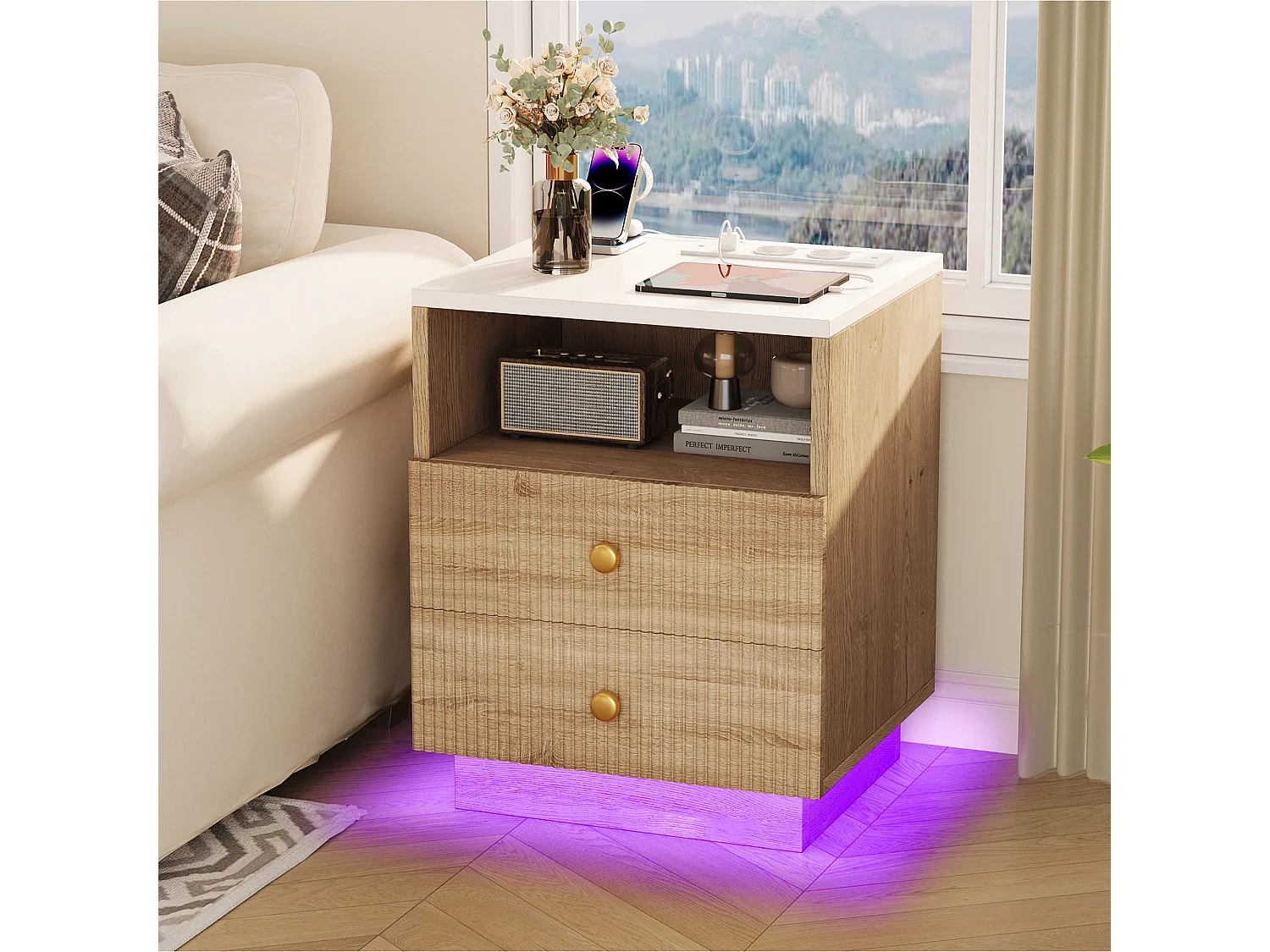 table de chevet lot 2  avec Station de Charge USB - 7 Modes Lumière  LED - Plateau Étanche - 2 Tiroir Fluide - bois massif