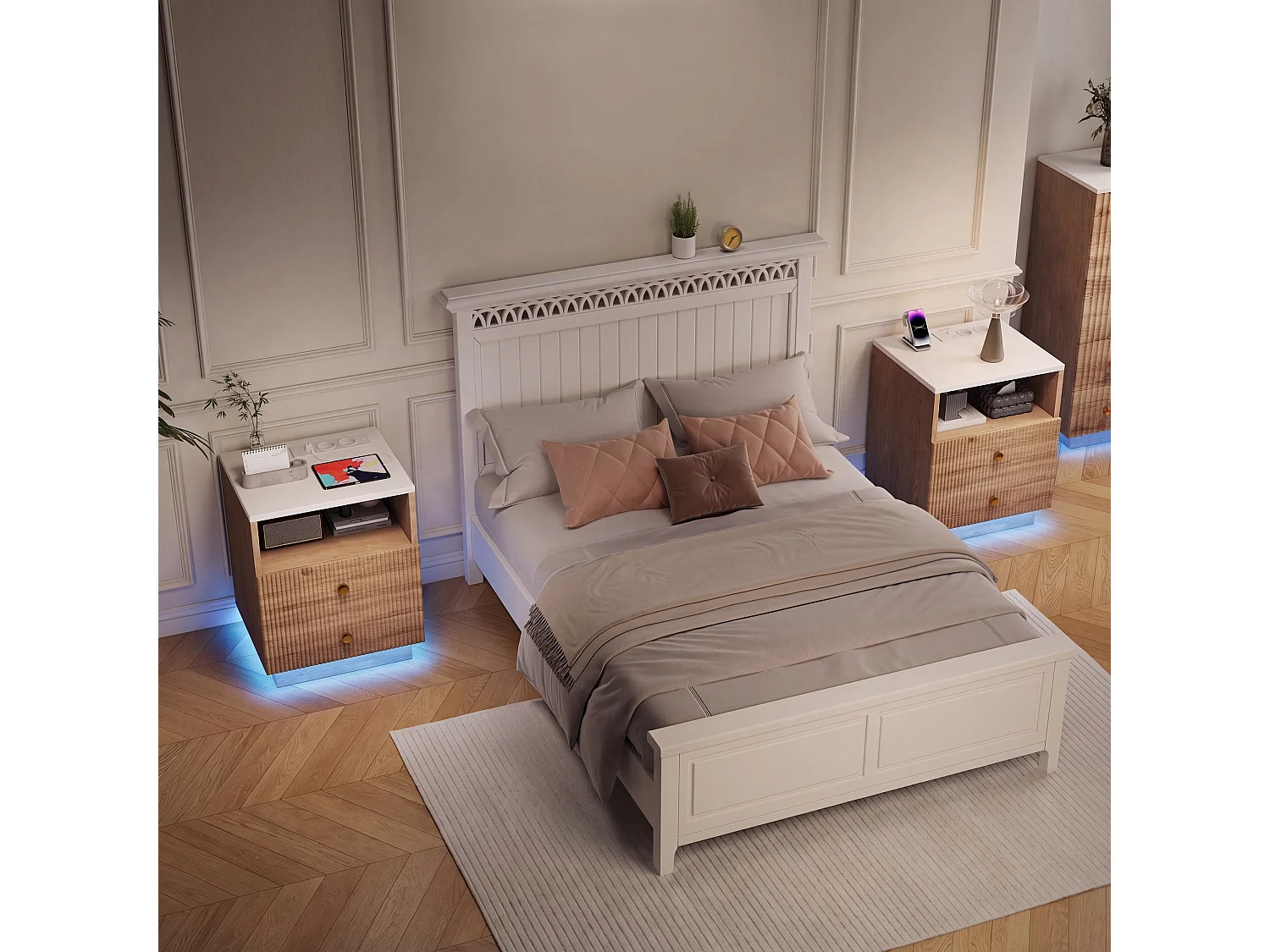 table de chevet lot 2  avec Station de Charge USB - 7 Modes Lumière  LED - Plateau Étanche - 2 Tiroir Fluide - bois massif