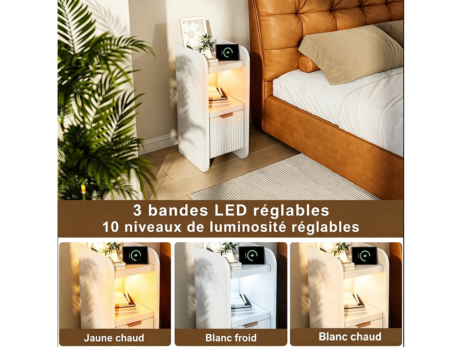 Table de Chevet Lot 2 Blanc avec LED et 2 Prises USB-C - Étagerès Ouvertes et Tiroir- Plateau Étanche -Meuble de Chevet Bois