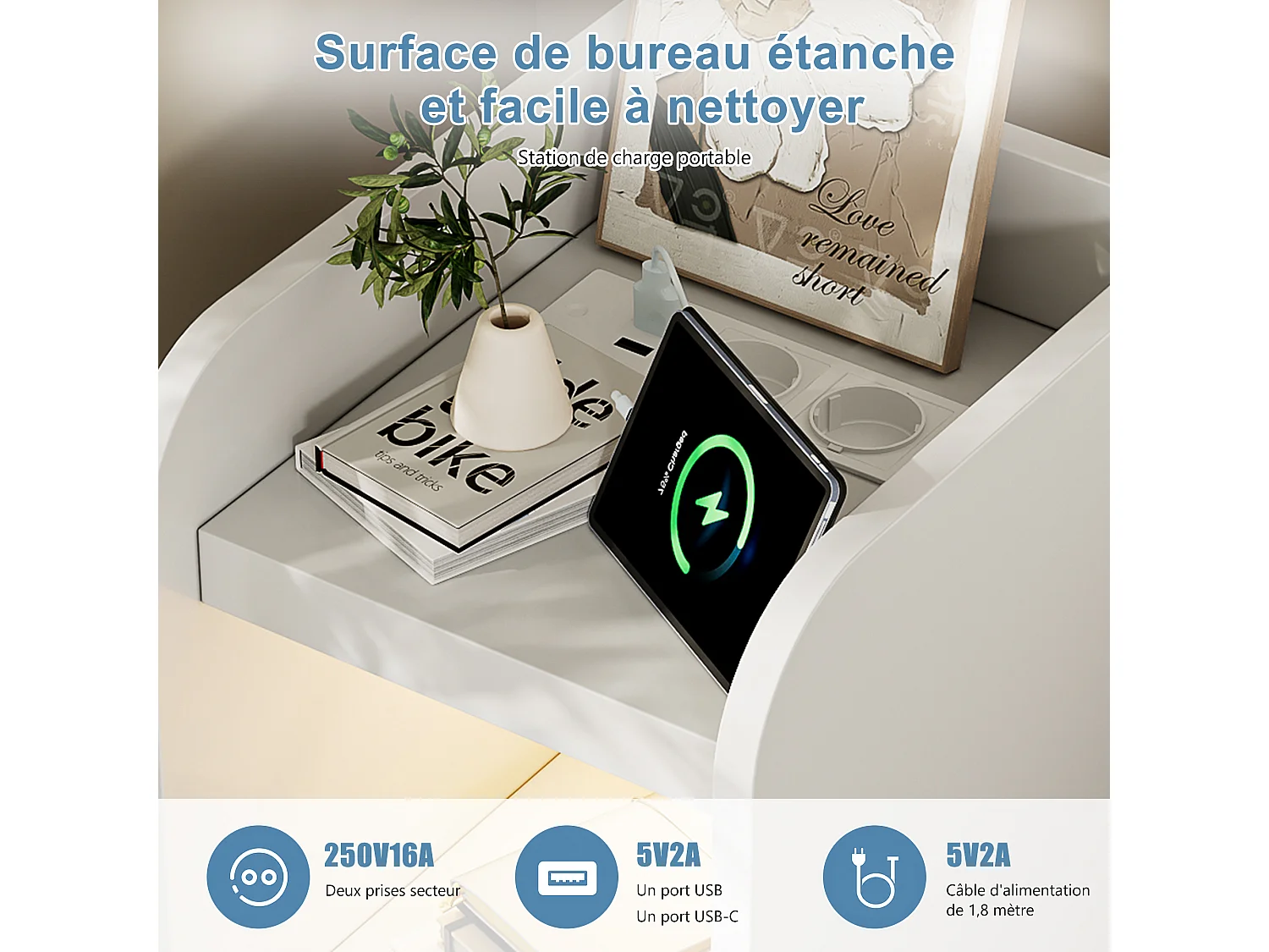 Table de Chevet Lot 2 Blanc avec LED et 2 Prises USB-C - Étagerès Ouvertes et Tiroir- Plateau Étanche -Meuble de Chevet Bois