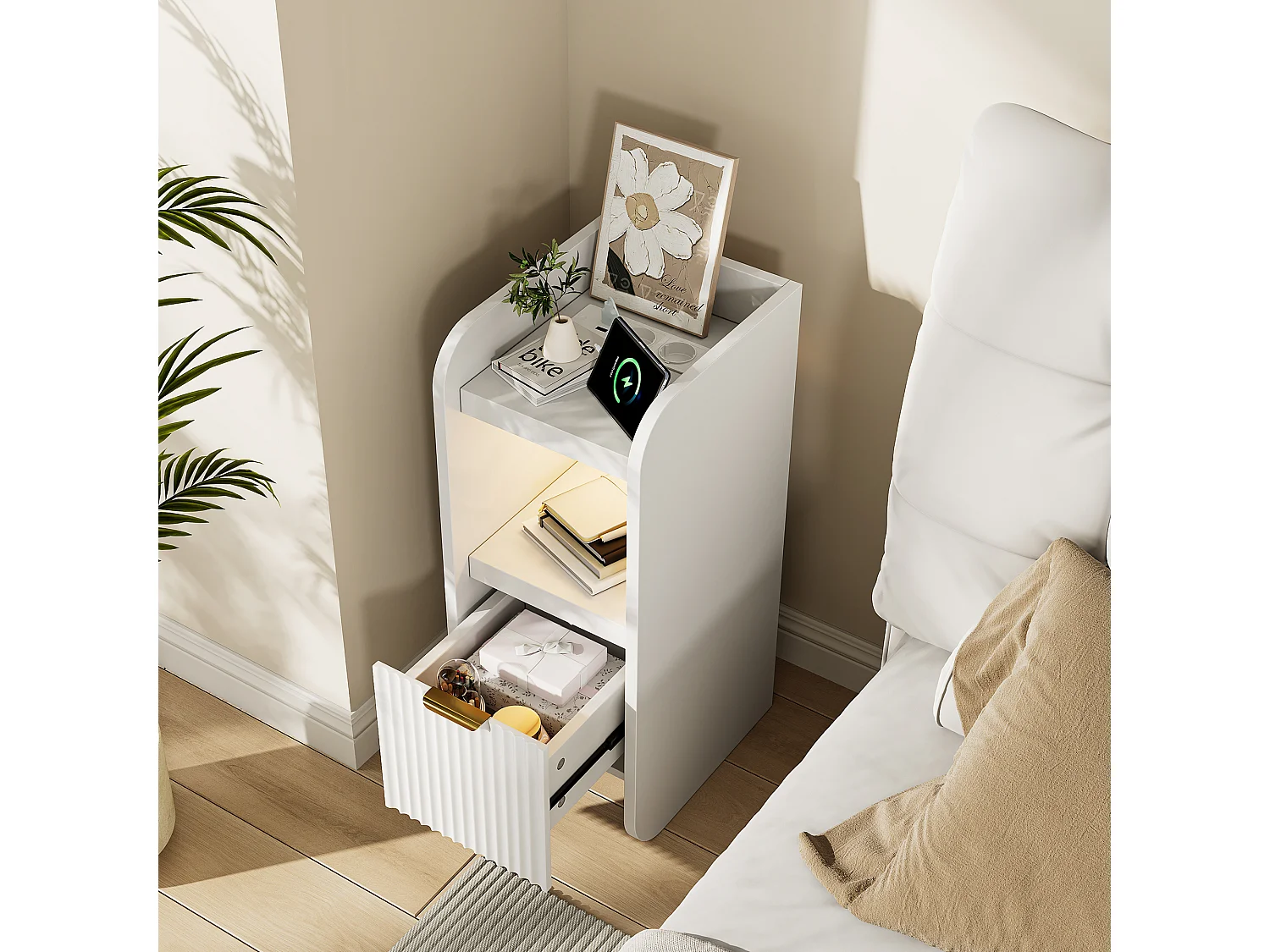 Table de Chevet Lot 2 Blanc avec LED et 2 Prises USB-C - Étagerès Ouvertes et Tiroir- Plateau Étanche -Meuble de Chevet Bois