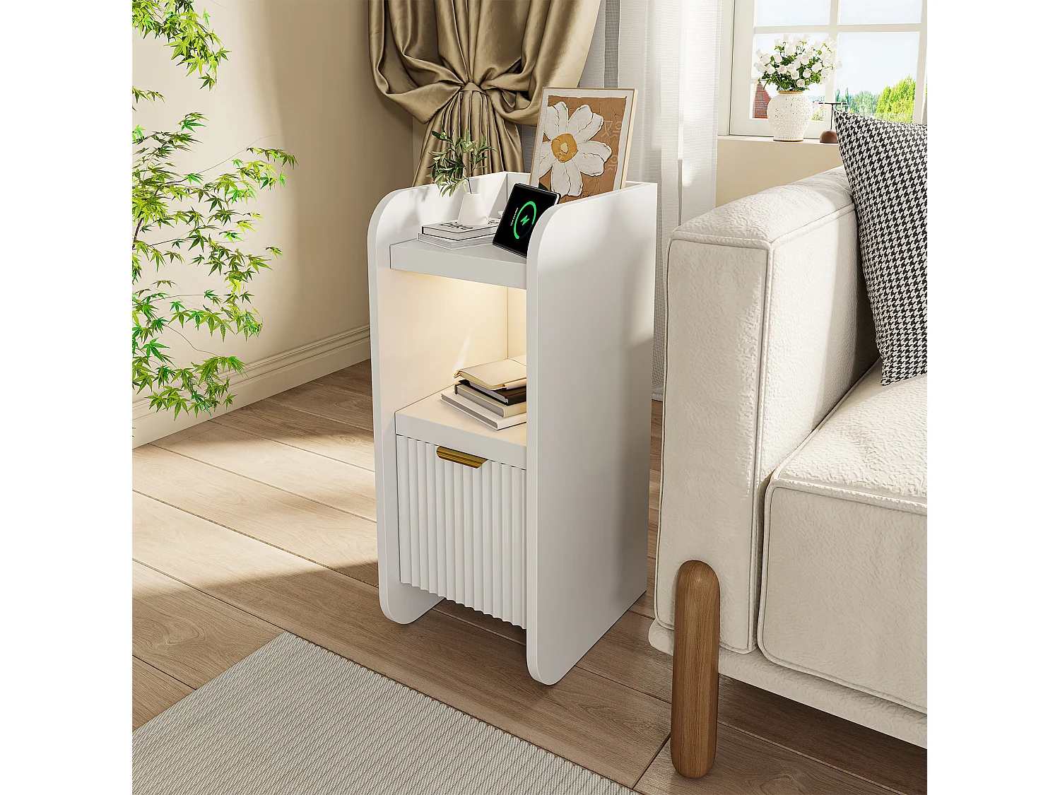 Table de Chevet Lot 2 Blanc avec LED et 2 Prises USB-C - Étagerès Ouvertes et Tiroir- Plateau Étanche -Meuble de Chevet Bois