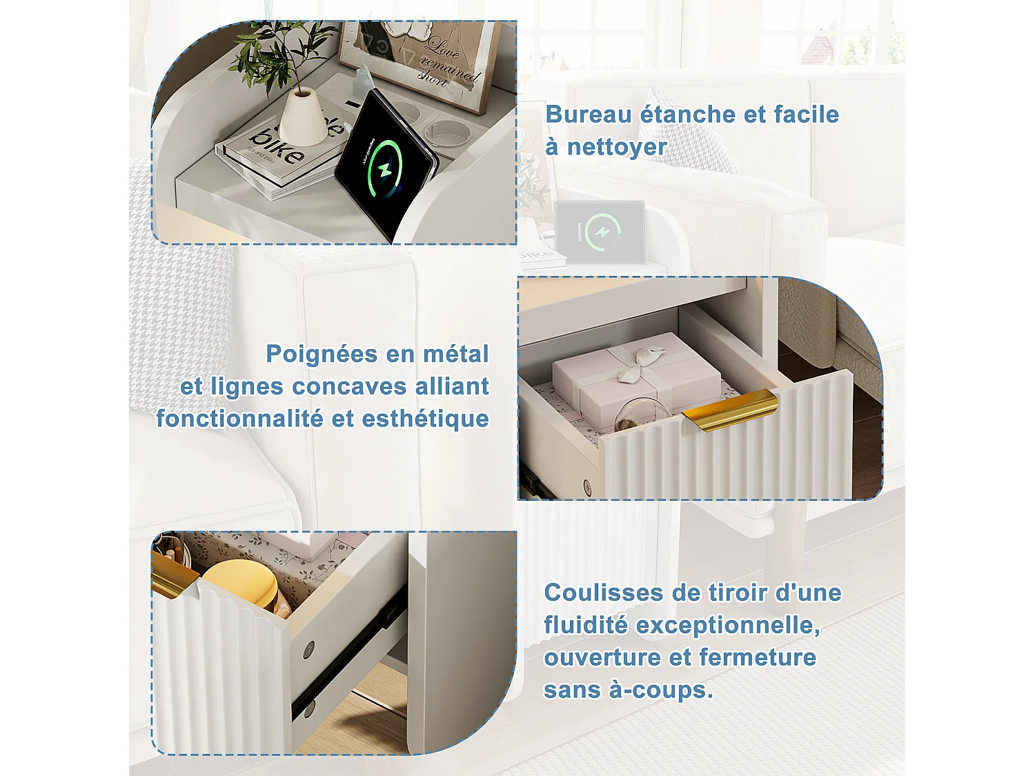 Table de Chevet Lot 2 Blanc avec LED et 2 Prises USB-C - Étagerès Ouvertes et Tiroir- Plateau Étanche -Meuble de Chevet Bois