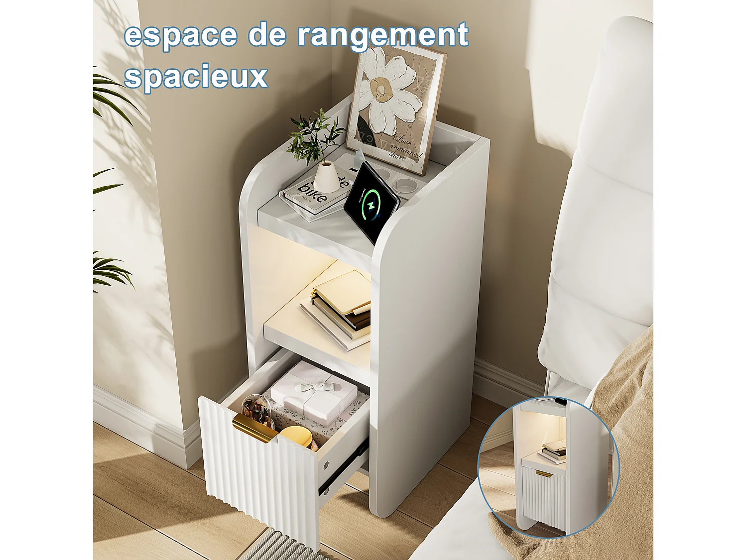 Table de Chevet Lot 2 Blanc avec LED et 2 Prises USB-C - Étagerès Ouvertes et Tiroir- Plateau Étanche -Meuble de Chevet Bois