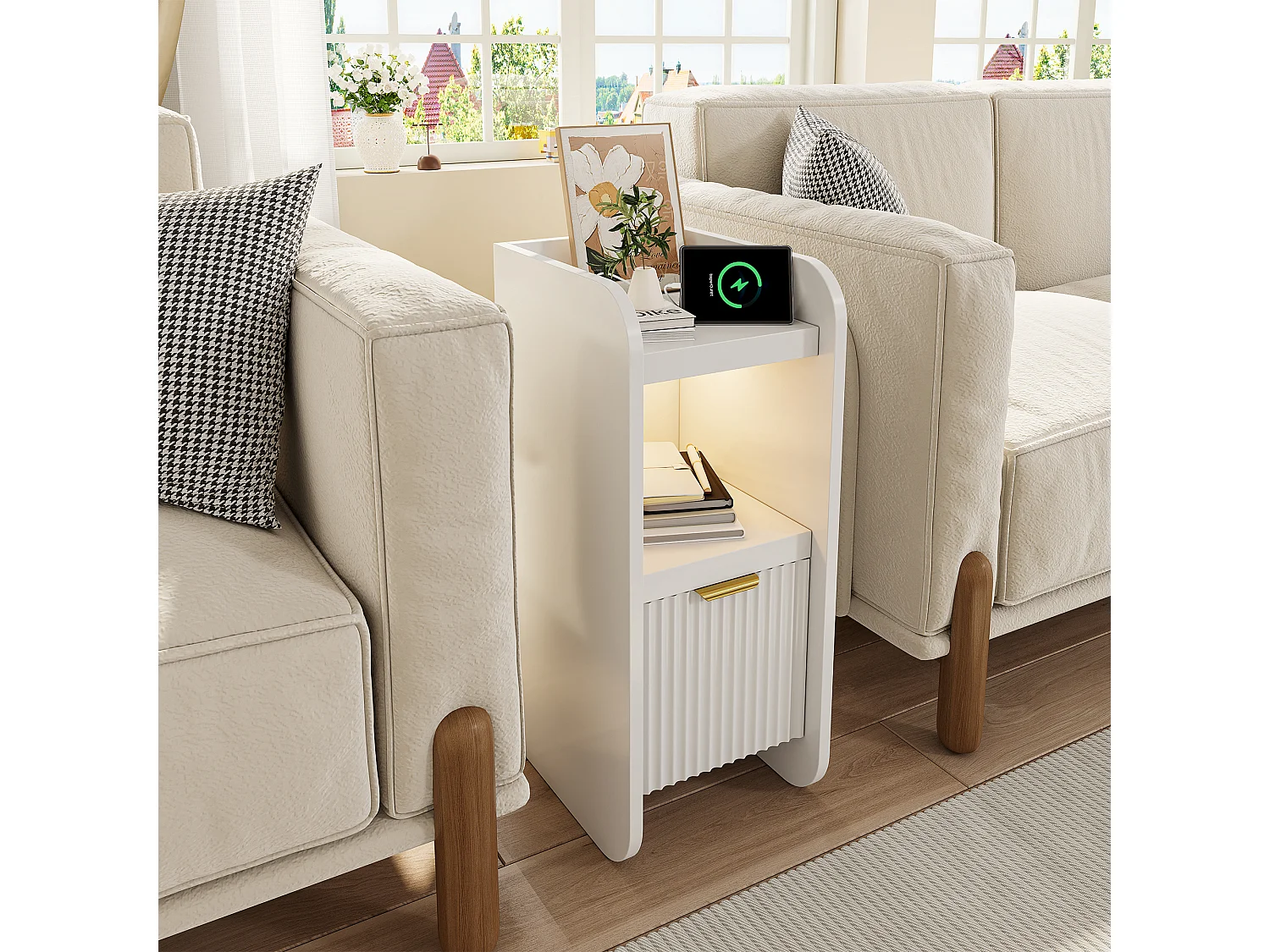 Table de Chevet Lot 2 Blanc avec LED et 2 Prises USB-C - Étagerès Ouvertes et Tiroir- Plateau Étanche -Meuble de Chevet Bois