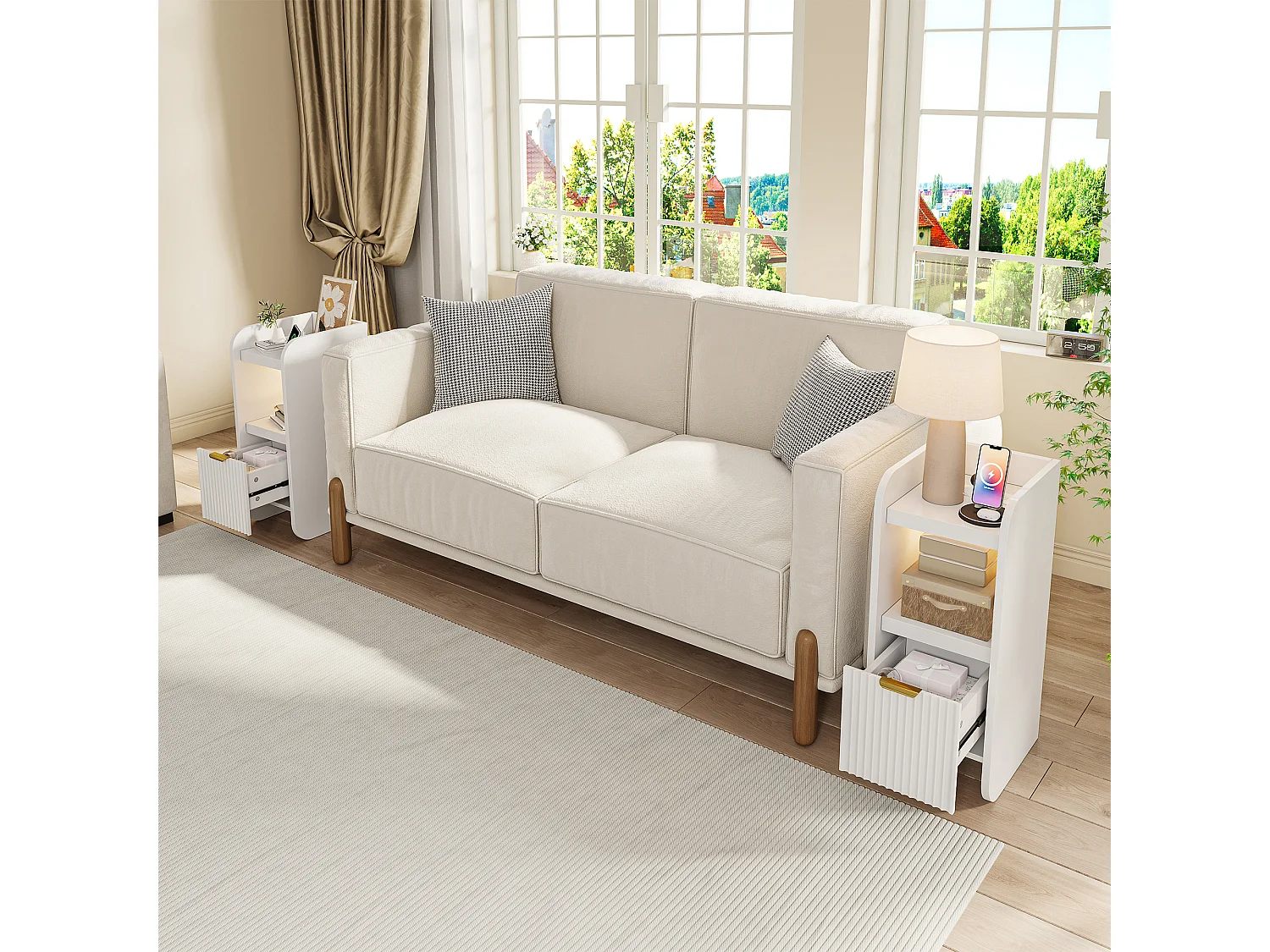 Table de Chevet Lot 2 Blanc avec LED et 2 Prises USB-C - Étagerès Ouvertes et Tiroir- Plateau Étanche -Meuble de Chevet Bois