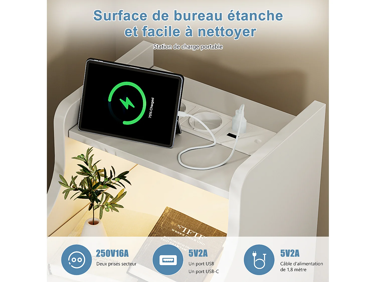 Table de Chevet Moderne lot 2 avec LED et 2 Prises USB-C -2Tiroirs de rangement -Étagères Ouvertes - Plateau Étanche - Blanc