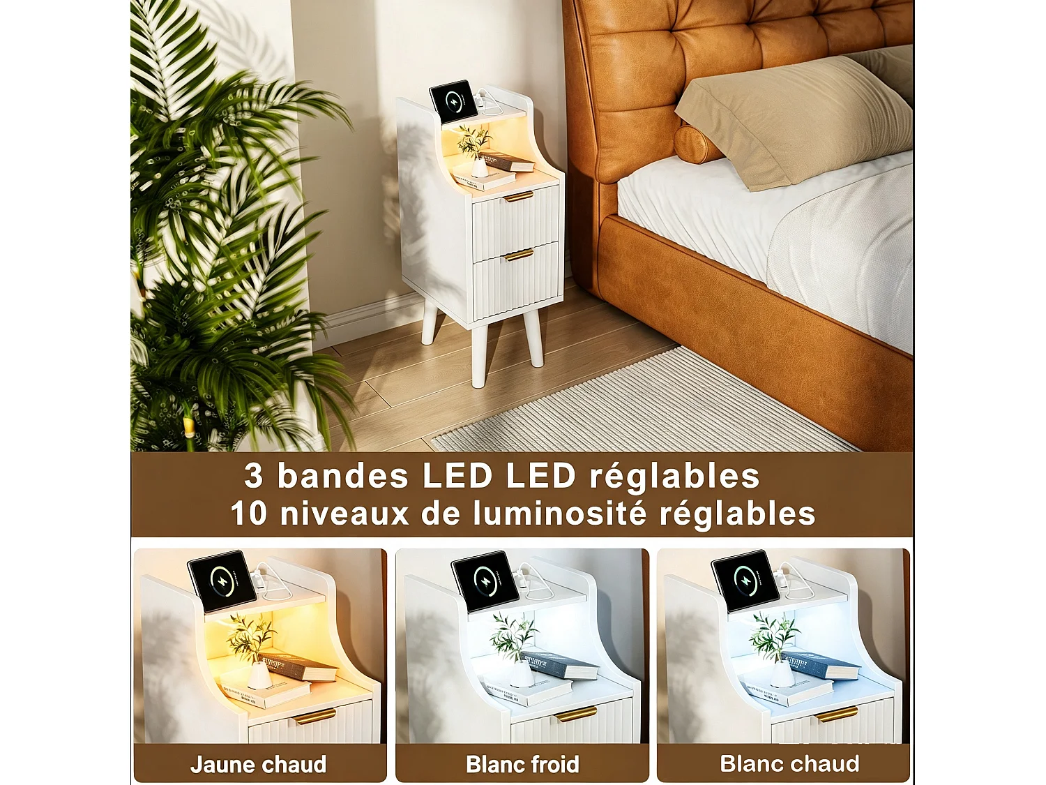 Table de Chevet Moderne lot 2 avec LED et 2 Prises USB-C -2Tiroirs de rangement -Étagères Ouvertes - Plateau Étanche - Blanc