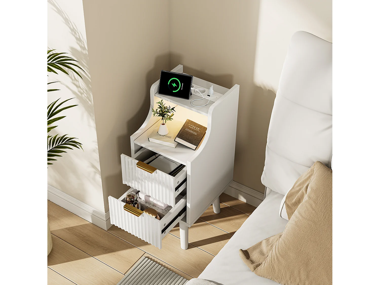 Table de Chevet Moderne lot 2 avec LED et 2 Prises USB-C -2Tiroirs de rangement -Étagères Ouvertes - Plateau Étanche - Blanc