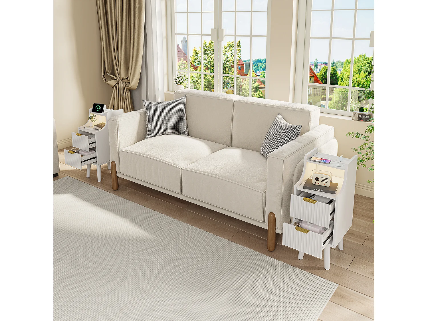 Table de Chevet Moderne lot 2 avec LED et 2 Prises USB-C -2Tiroirs de rangement -Étagères Ouvertes - Plateau Étanche - Blanc