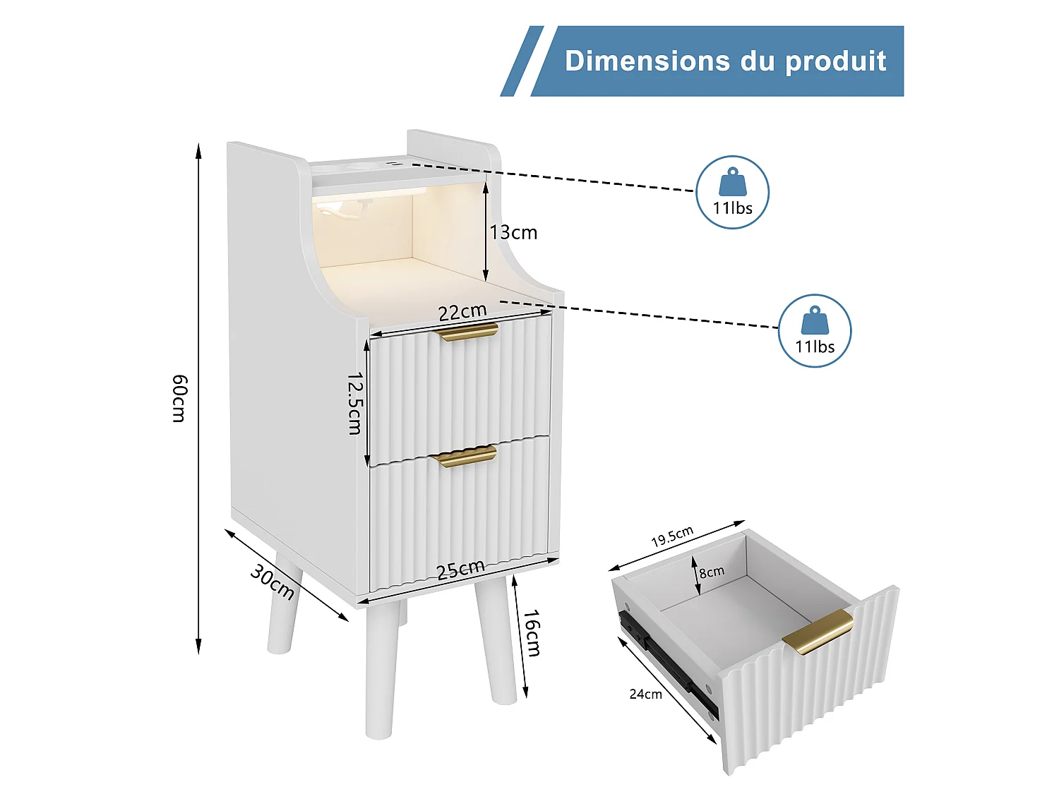 Table de Chevet Moderne lot 2 avec LED et 2 Prises USB-C -2Tiroirs de rangement -Étagères Ouvertes - Plateau Étanche - Blanc