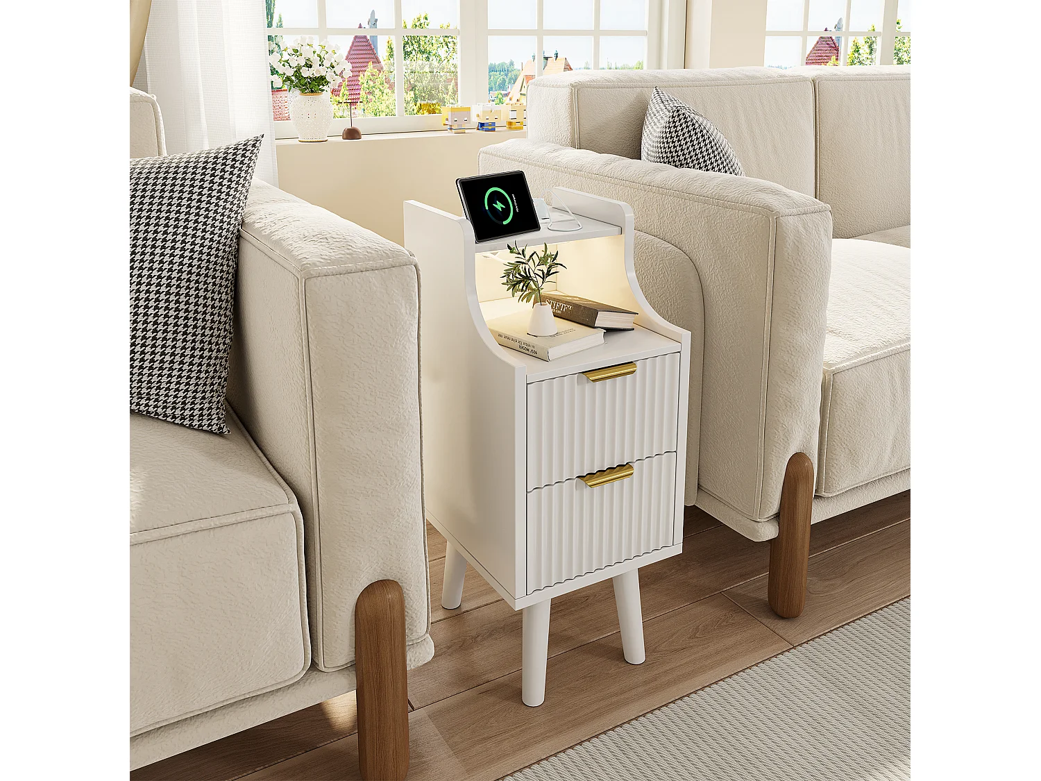 Table de Chevet Moderne lot 2 avec LED et 2 Prises USB-C -2Tiroirs de rangement -Étagères Ouvertes - Plateau Étanche - Blanc