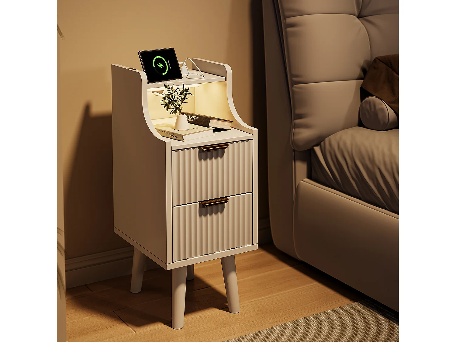 Table de Chevet Moderne lot 2 avec LED et 2 Prises USB-C -2Tiroirs de rangement -Étagères Ouvertes - Plateau Étanche - Blanc