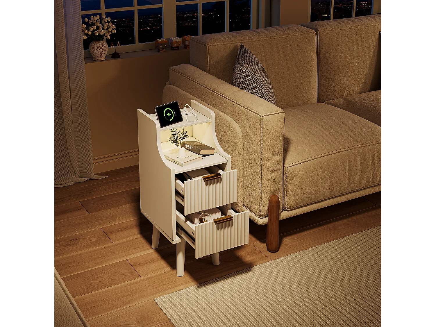 Table de Chevet Moderne lot 2 avec LED et 2 Prises USB-C -2Tiroirs de rangement -Étagères Ouvertes - Plateau Étanche - Blanc