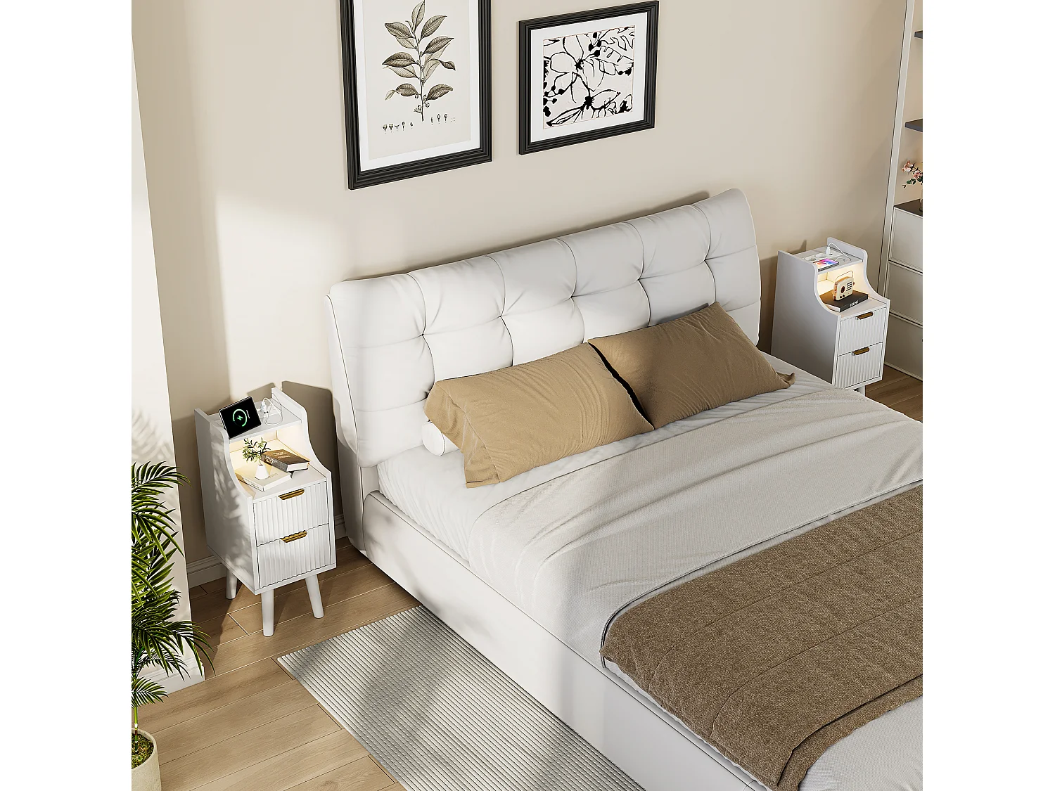 Table de Chevet Moderne lot 2 avec LED et 2 Prises USB-C -2Tiroirs de rangement -Étagères Ouvertes - Plateau Étanche - Blanc