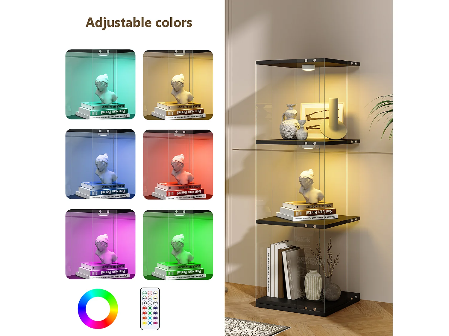 Vitrine salon noir - vitrine en verre avec LED et socle tournant 360° - vitrine 3 niveaux - sécurité anti-basculement - 38x38x121cm
