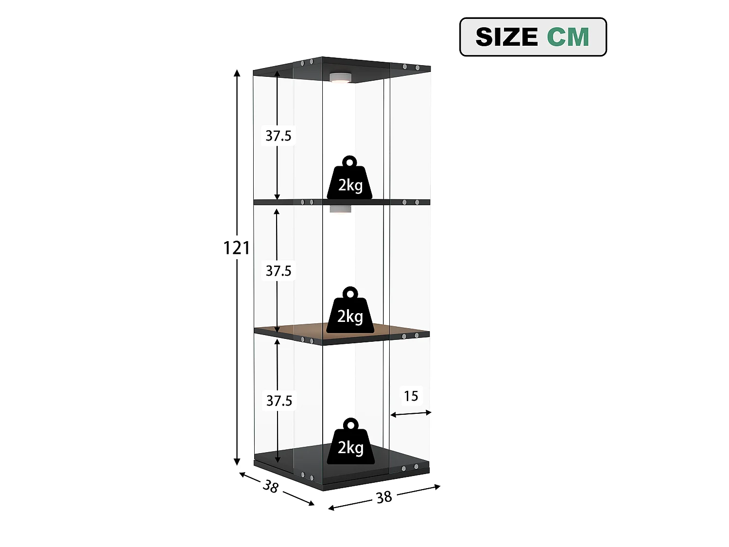 Vitrine salon noir - vitrine en verre avec LED et socle tournant 360° - vitrine 3 niveaux - sécurité anti-basculement - 38x38x121cm