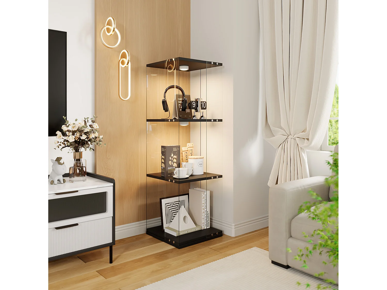 Vitrine salon noir - vitrine en verre avec LED et socle tournant 360° - vitrine 3 niveaux - sécurité anti-basculement - 38x38x121cm