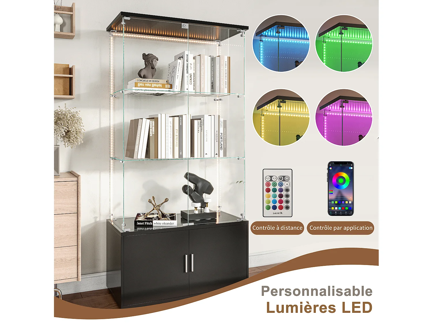 Vitrine en Verre avec bande lumineuse LED et Serrure,2 Portes en Verre Trempé, Rangement Sécurisé,vitrine salon bois noir