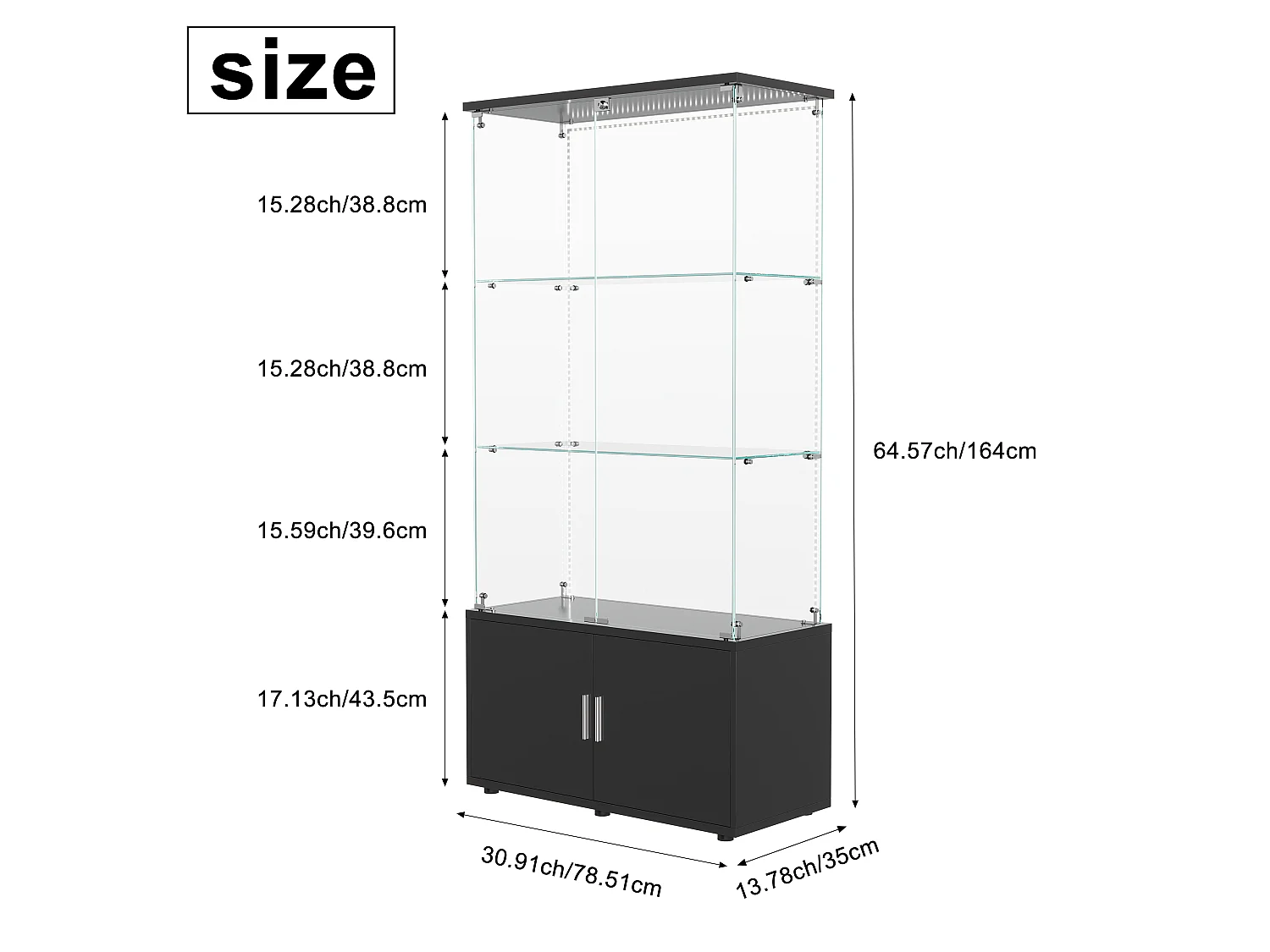 Vitrine en Verre avec bande lumineuse LED et Serrure,2 Portes en Verre Trempé, Rangement Sécurisé,vitrine salon bois noir