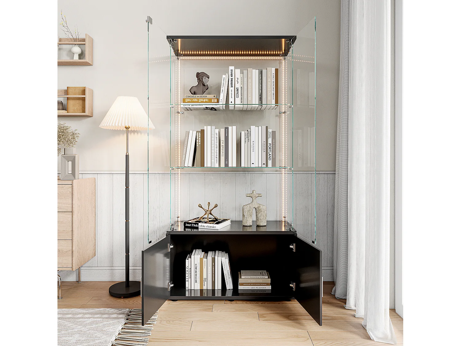 Vitrine en Verre avec bande lumineuse LED et Serrure,2 Portes en Verre Trempé, Rangement Sécurisé,vitrine salon bois noir