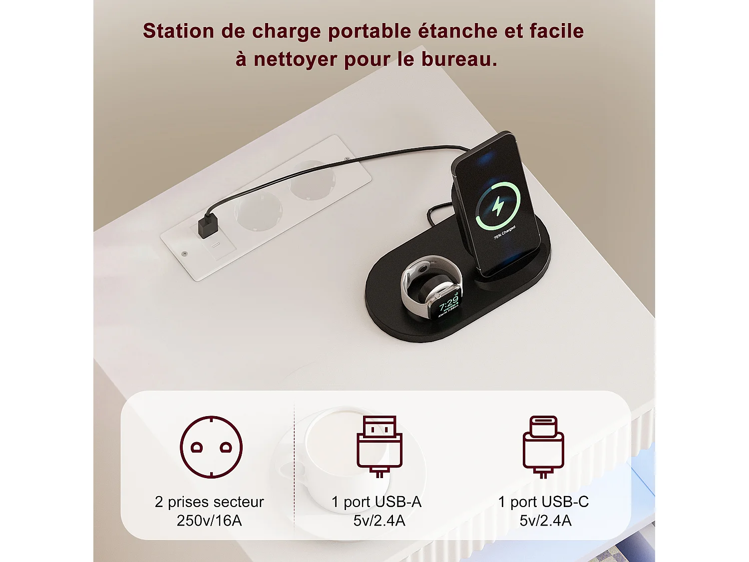 Comodino con illuminazione a LED - Stazione di ricarica e vassoio scorrevole - 2 prese, USB-C - Ampio vano portaoggetti - 40x40x60 cm - Bianco