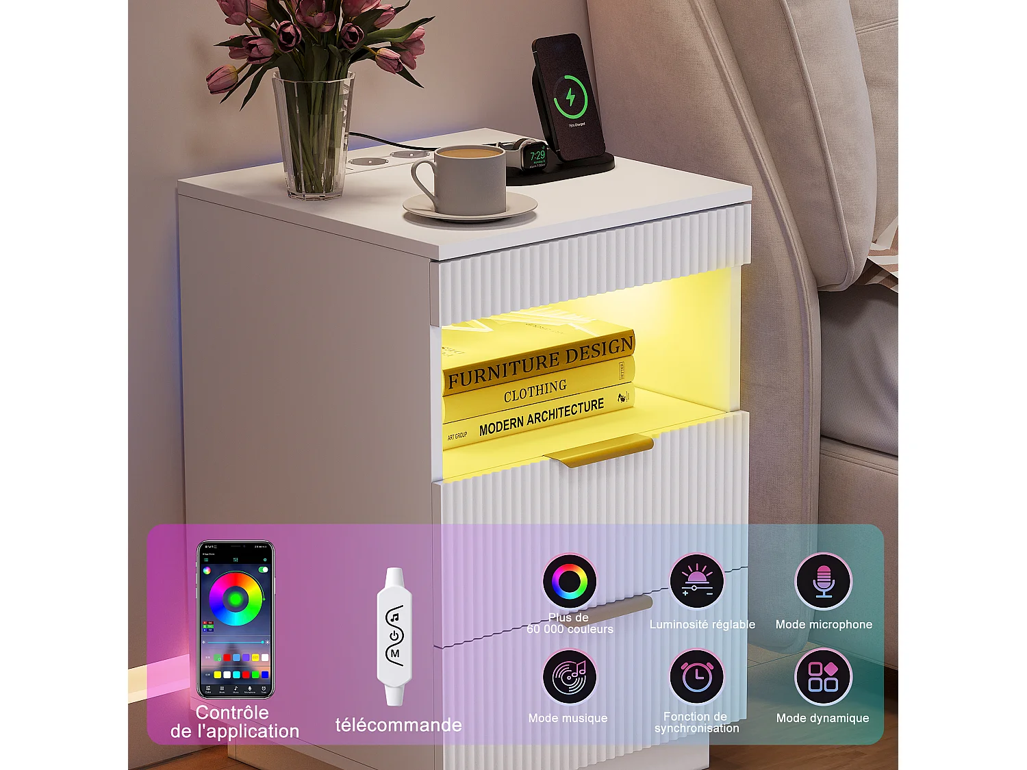 Comodino con illuminazione a LED - Stazione di ricarica e vassoio scorrevole - 2 prese, USB-C - Ampio vano portaoggetti - 40x40x60 cm - Bianco